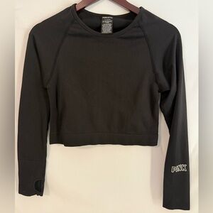 Victorias Secret Pink Active Top Womens L Crop Long Sleeve Workout Logo Black